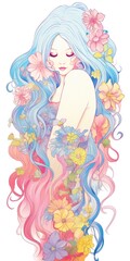 This illustration portrays a beautiful woman adorned with an array of flowers. The artwork captures her grace and elegance, with the delicate blooms complementing her features. AI-Generated - 618362036