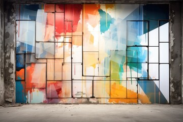 Abstract art installation in a grunge interior, with vibrant colors and dramatic lighting