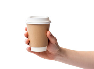 Hand with coffee to go cup isolated on transparent background