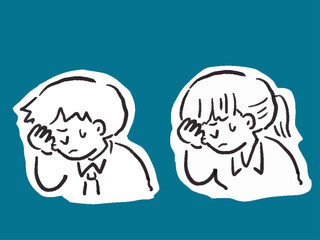 浮かない顔をするビジネスマンとOLの手書き単色イラストセット