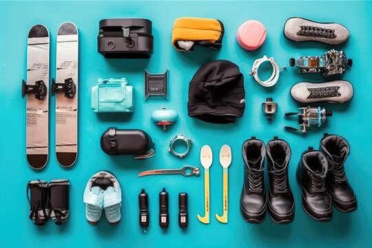 knolling of ice skating tools and equipment photography