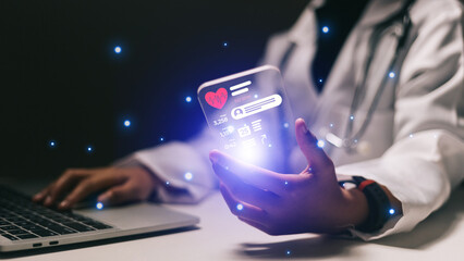 Female doctor using smartphone with medical app on screen. Healthcare concept.