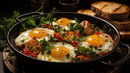 Shakshuka - A dish made with poached eggs in a spicy tomato and bell pepper sauce, often served with bread