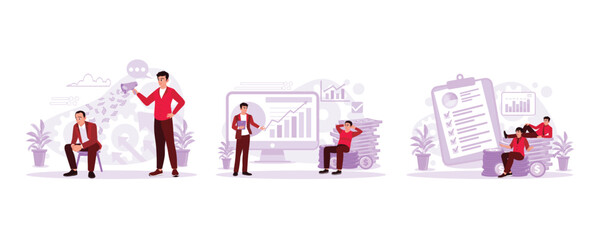 The boss shouted at the employee over the loudspeaker. The man is sitting on a pile of money, and a man is standing with a tablet. Two millionaires are sitting on piles of money. Trend Modern vector