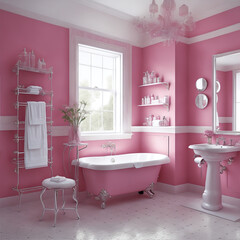 Bathroom with a pink and white theme. The finish combines classic and modern features. Tiles and toilet fittings made of ceramic and shiny iron finish.