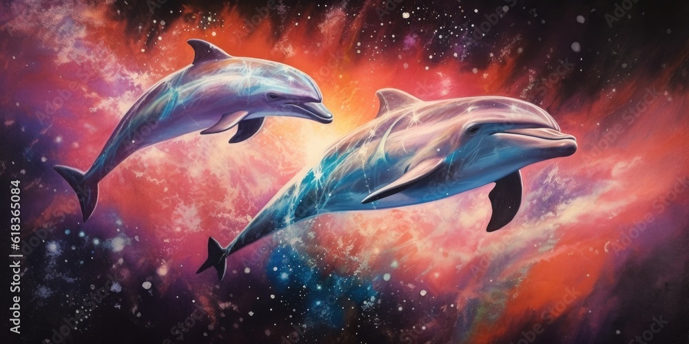 Poster an airbrush painting of 1980s dolphins floating in minimal space style. generative ai aig27.