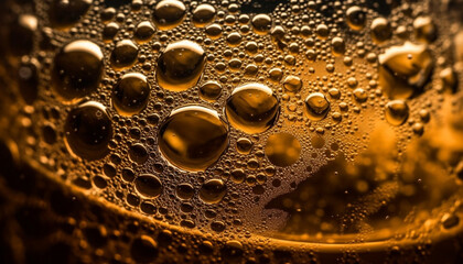 Golden beer bubbles reflect on wet surface generated by AI