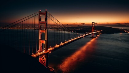 Suspension bridge illuminated at dusk over water generated by AI