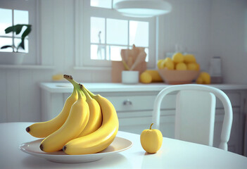 Fresh yellow bananas in a white plate on the white kitchen table. Generative AI