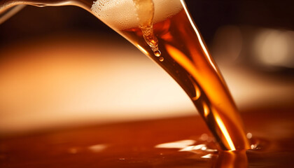 Golden liquid pouring into frothy beer glass generated by AI