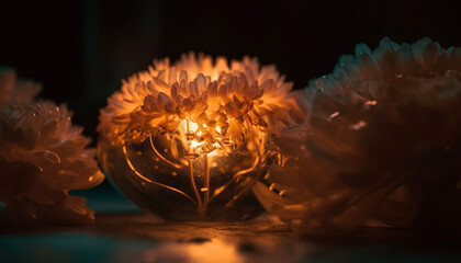 Glowing flame illuminates dark underwater plant life generated by AI