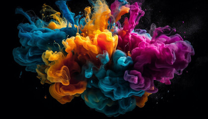 Multi colored ink exploding in abstract underwater motion generated by AI