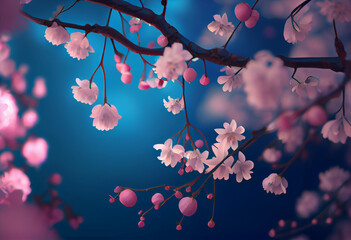 Fresh white cherry flower branches with bokeh lights blue sky background. Generative AI