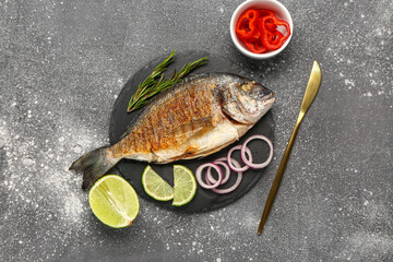 Slate board with tasty grilled dorado fish on grunge background