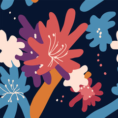 Seamless pattern with flowers on dark blue background. Vector illustration.