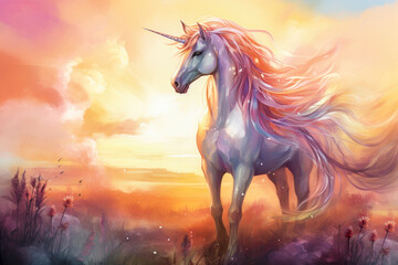 Obraz na płótnie Canvas Beautiful unicorn in a summer sunset fantasy painting made in watercolor