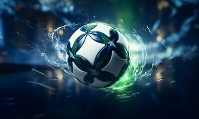 A striking illuminated  football soccer ball adorned in the green of Saudia Arabia which has a...