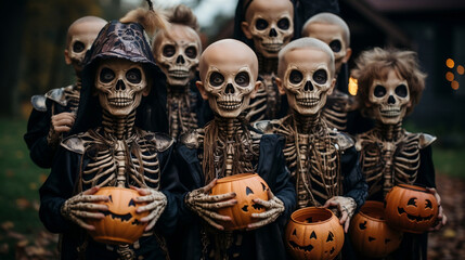 A group of children dressed as skeletons, with bags full of candy they were given for Halloween.