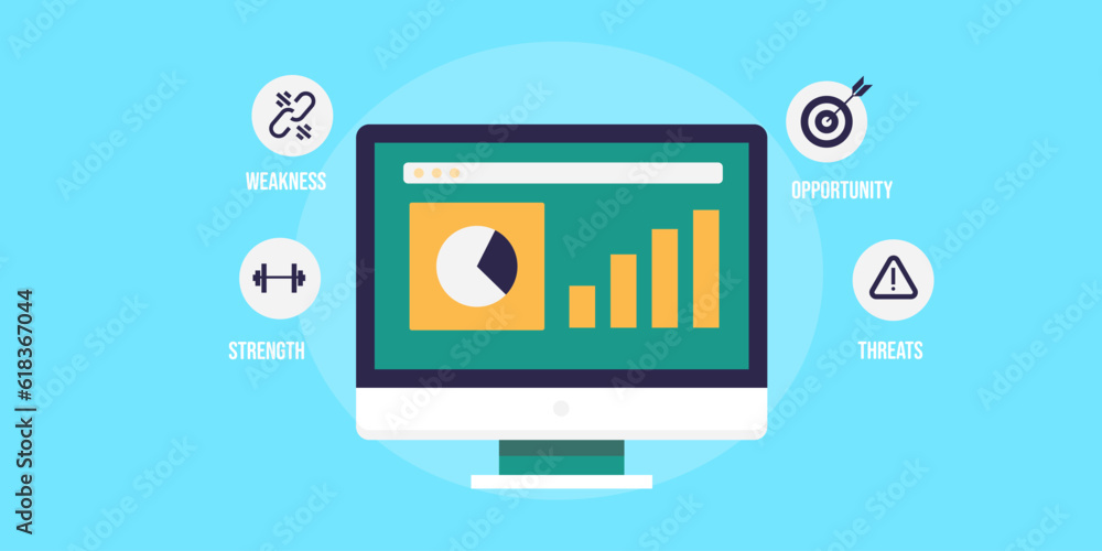 Poster chat and graph, diagram on computer screen indicating swot analysis program for business, company ma