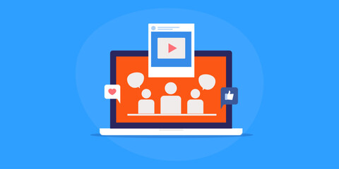 Social media people working together, social media post collaboration and publishing content on internet, engaging user online business strategy, vector illustration.