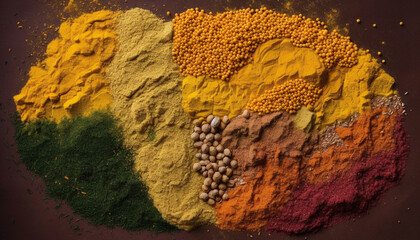 Multi colored spices create a vibrant culinary backdrop generated by AI