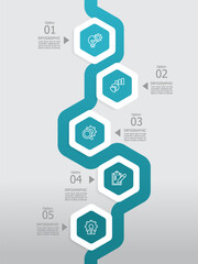 vertical round hexagon steps timeline infographic element report background with business line icon 5 steps