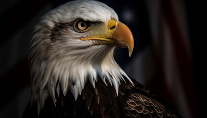 Majestic bald eagle perching, sharp beak focused generated by AI