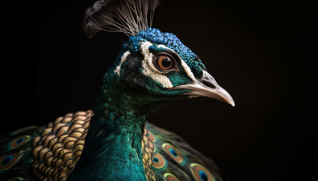Majestic peacock displays vibrant multi colored feather pattern generated by AI