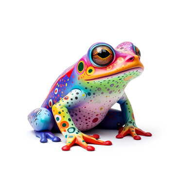 Psychedelic frog white background. Neon psychedelic frog. Green frog in acid colors. Hippie style Totem animal. Frog illustration for sticker, poster, banner, web, t-shirt print, pin, bag print, badge