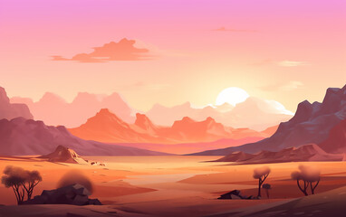 Sunset in the desert landscape. Pastel colors. Generative AI technology.
