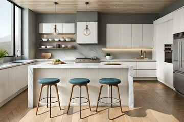 Fototapeta premium Kitchen interior with wooden floors, marble countertops and white cabinets with built-in appliances. A marble bar stands with stools in the foreground. 3d rendering mock up sid.