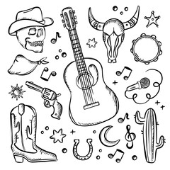 COUNTRY FEST SYMBOLISM MONOCHROME American Western Holiday Contemporary Doodle Cowboy And Music Modern Attributes Vector Illustration Collection