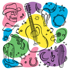 COUNTRY FEST SYMBOLISM American Western Holiday Monochrome Doodle Cowboy And Music Attributes With Bright Colorful Spots Vector Illustration Collection