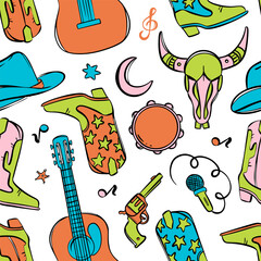 COUNTRY FEST SYMBOLS Various Attributes Of American Cowboy Western Music Festival Colorful Seamless Pattern Vector Illustration Collection For Print