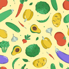 Hand drawn vegetables seamless pattern. Vector illustration. Colorful and minimalistic fruit on yellow background. Design for wallpaper