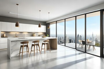 White kitchen interior with panoramic windows, concrete floor and marble bar stand. 3d rendering.