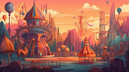 rainbow colored carnival, with colorful tents, rides, and games. cartoon illustration, generative ai