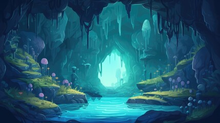 2D abstract mystical cavern with a hidden underground lake, cartoon illustration generative ai