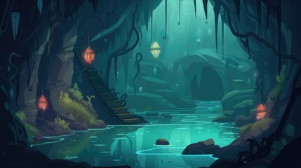 Obraz premium 2D abstract mystical cavern with a hidden underground lake, cartoon illustration generative ai