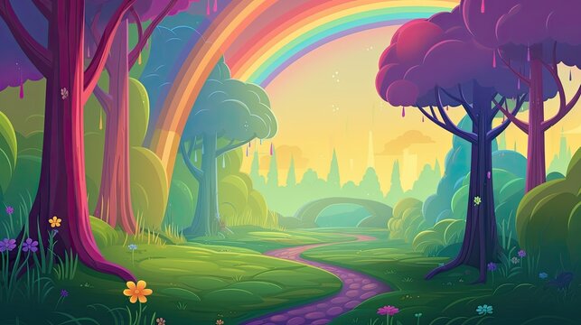 mystical rainbow forest, sparkling raindrops, a shimmering rain, cartoon illustration, generative ai