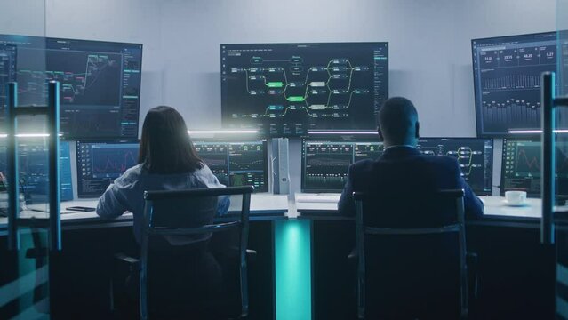 Diverse software engineers work on computers with database server. Administrator enters modern monitoring office, works with real-time analysis charts and blockchain network on big digital screens.