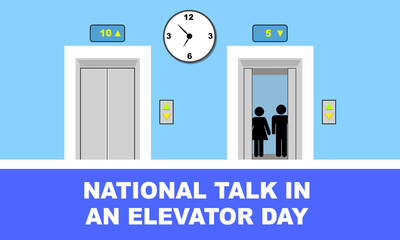 2 elevators and a large wall clock with an illustration of a pair of employees talking in the elevator. commemorating National Talk in an Elevator Day July 29
