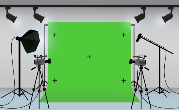 green screen studio interior with umbrella softbox godox, floodlight kit and camera studio, Movie production set isolated in white