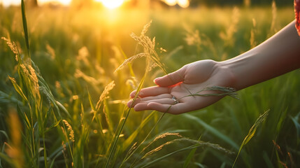 empty hand near green wheat and sunset created with Generative AI  - Powered by Adobe