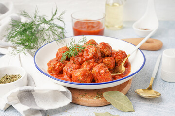 Bowl of tasty meat balls with tomato sauce and dill on white background