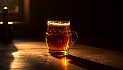 Frothy beer in gold pint glass illuminates pub generated by AI