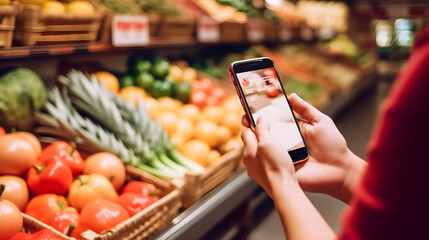 hand holding smart phone taking picture of fruit and vegetable in super market created with...