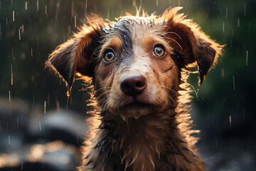 Portrait of a cute lonely sad dog outdoors, a wet pet on a rainy afternoon
