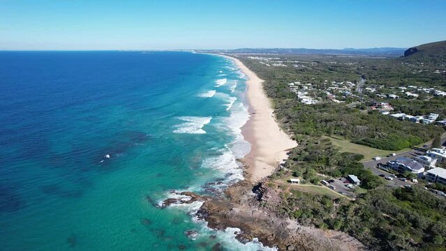 Long Stretch Of Sandy Yaroomba Beach Near Point Arkwright Lookout In Queensland, Australia. aerial
