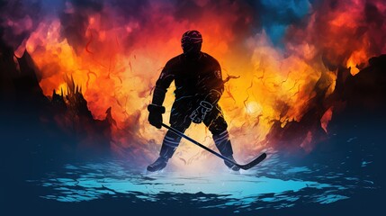 Black silhouette against hockey player, the background of fire and ice. Generative AI.